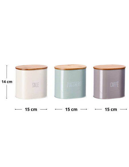 Set 3 barattoli in latta SALE, ZUCCHERO e CAFFE 15x11cm h.14cm
