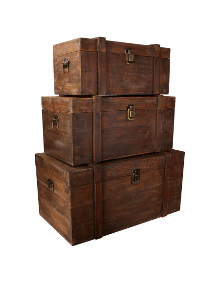 Set 3 bauli in legno vintage h.28/33,5/41cm con chiusure in metallo