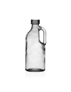 Bottiglia trasparente con manico e tappo metallico a vite