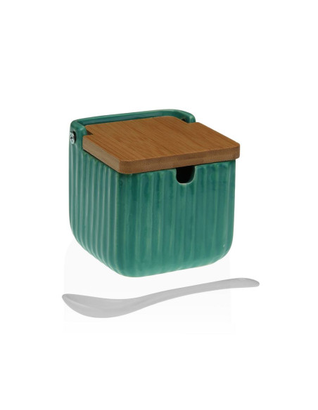 Zuccheriera verde in ceramica con coperchio in bambù e cucchiaino