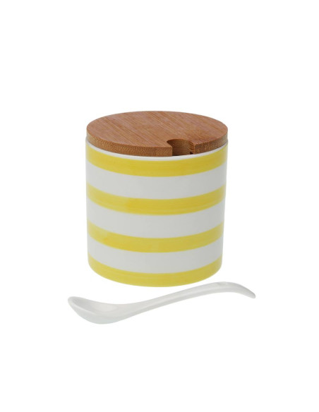 Zuccheriera righe gialle in ceramica decorata con coperchio in bambù e cucchiaino