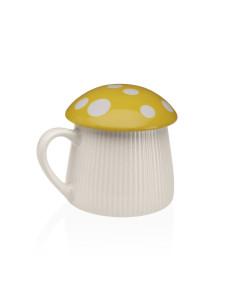 Tazza fungo in ceramica con coperchio Giallo e pois bianchi