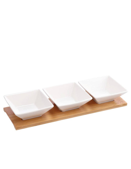 Set 3 Ciotole Porcellana 10×10 cm con Vassoio in Bambù – 2 Modelli