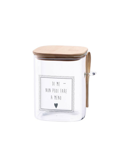 Barattolo vetro borosilicato+bambù+cucchiaino 10x10cm h.14cm