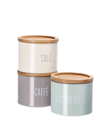 Set 3 Barattoli in latta e bambù SALE, ZUCCHERO e CAFFE' diam.11cm h.9,5cm