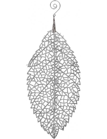 Foglia brillantinata ARGENTO decorativa  natale in acrilico 14x35cm.