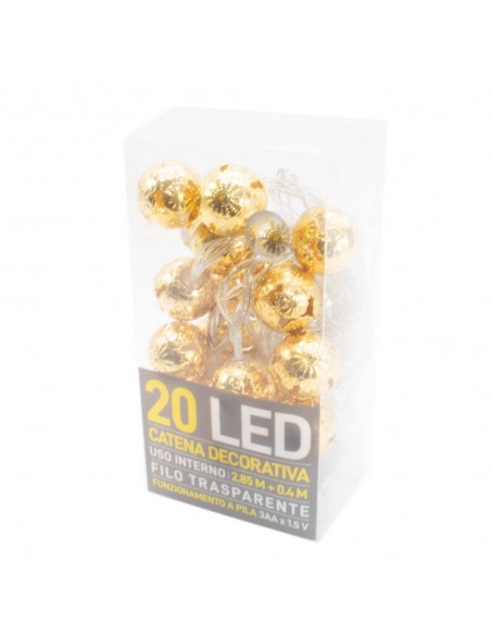 Catena decorativa 20 LED a batteria 2,85m Palline in Ferro oro, Luce Champagne Mod.2