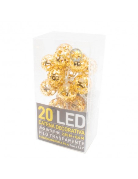 Catena decorativa 20 LED a batteria 2,85m Palline in Ferro oro, Luce Champagne Mod.1