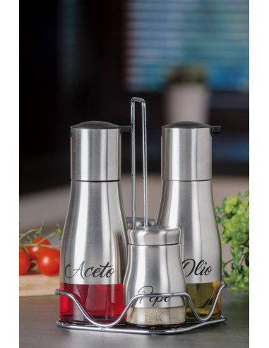 Menage olio-aceto-sale-pepe in acciaio e vetro...
