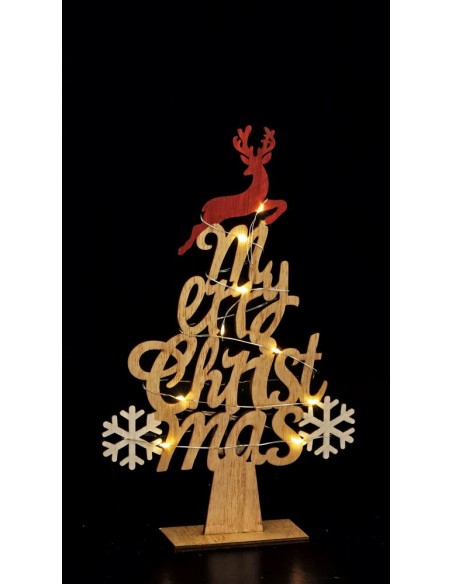 Albero MERRY CHRISTMAS in legno 12 led 18,5x10cm h.30cm