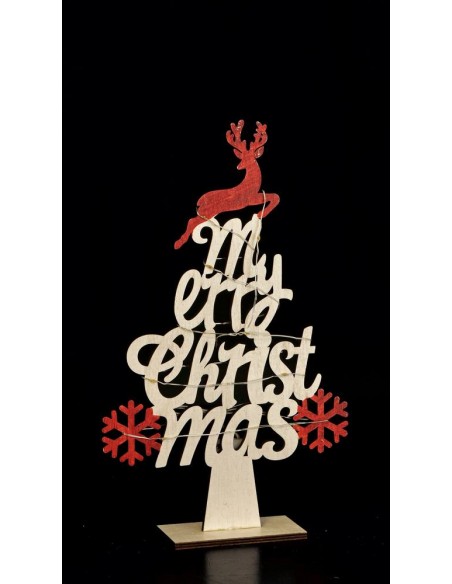 Albero MERRY CHRISTMAS in legno 12 led 18,5x10cm h.30cm