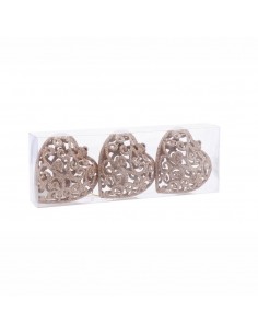 Set 3 palline albero m.cuore brillantinato 10x5cm h.11cm