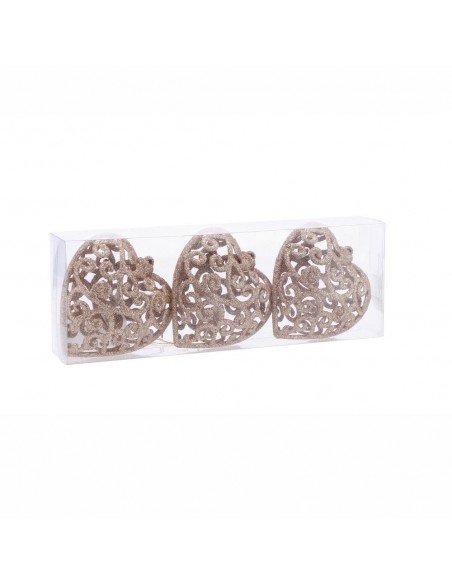 Set 3 palline albero m.cuore brillantinato 10x5cm h.11cm