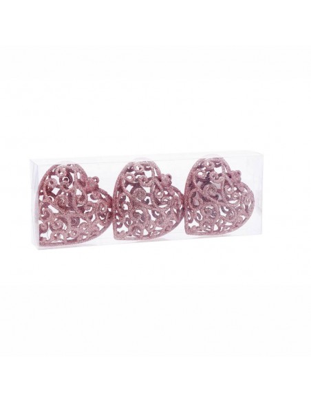 Set 3 palline albero m.cuore brillantinato 10x5cm h.11cm